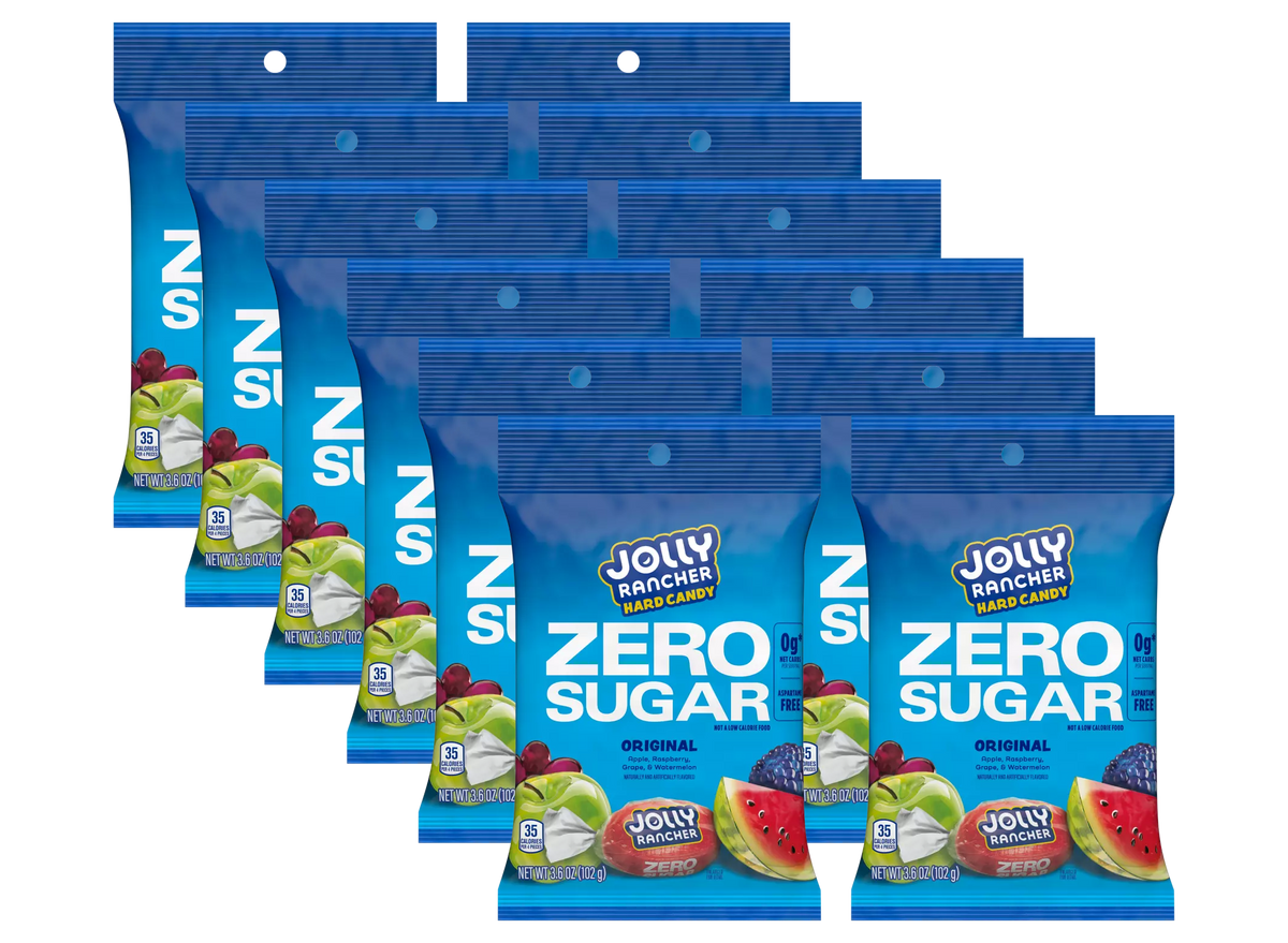 A collection of ten blue packages of Jolly Rancher Zero Sugar hard candy, each featuring images of fruit flavors like watermelon and green apple, labeled with "ZERO SUGAR" prominently displayed.