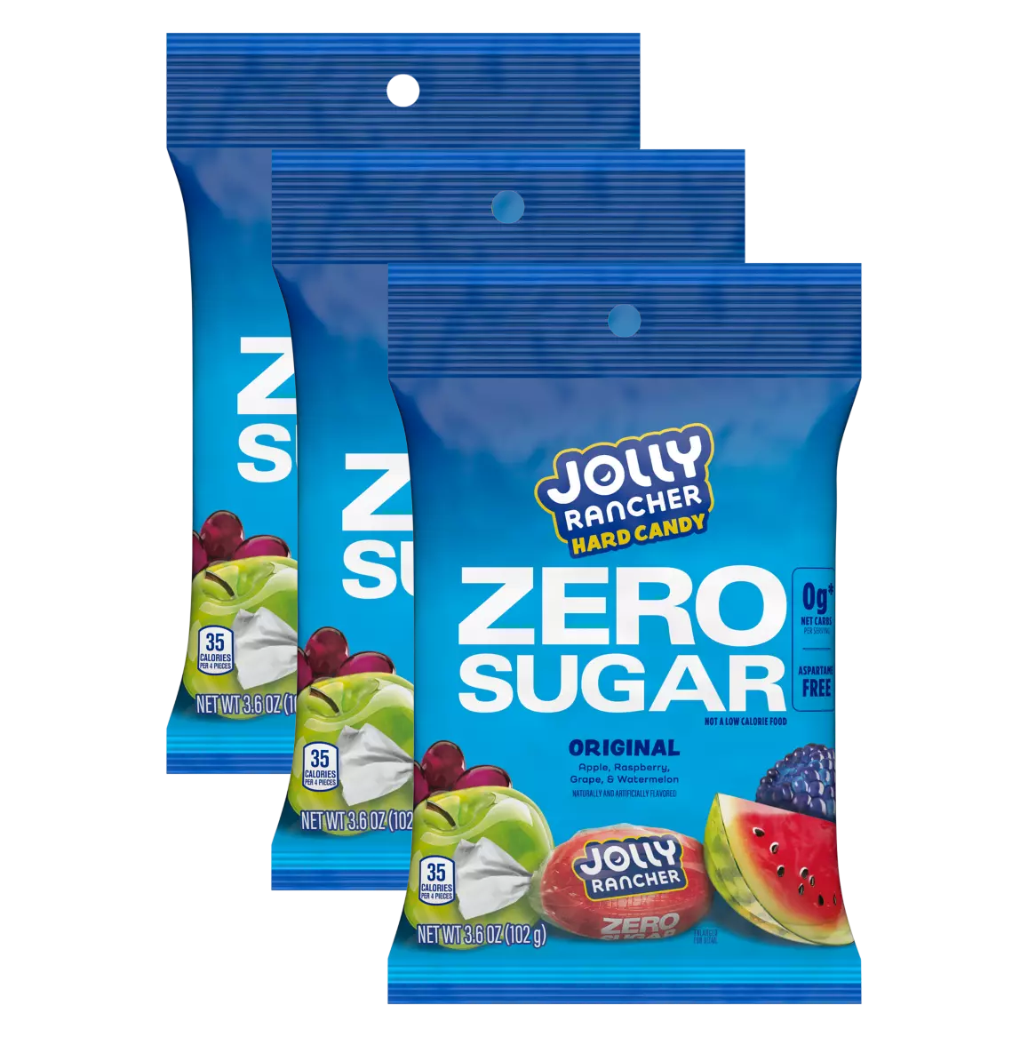 Three packages of Jolly Rancher Zero Sugar hard candy are displayed, featuring a bright blue background and images of apple, raspberry, grape, and watermelon flavors, each weighing 3.6 ounces.