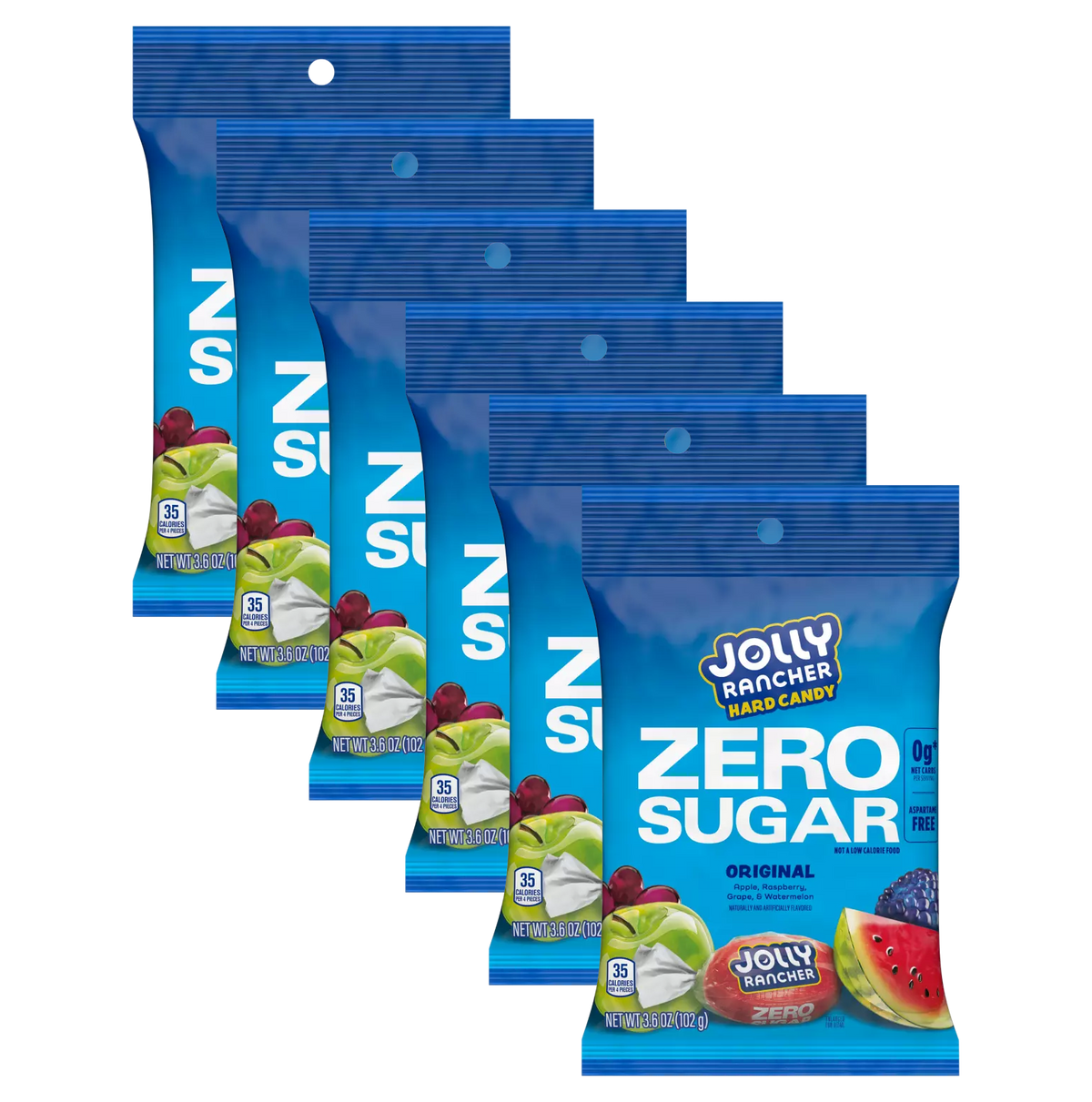 Six bags of Jolly Rancher Zero Sugar hard candy are displayed, each featuring a blue background with fruit images and text indicating zero sugar and original flavors.