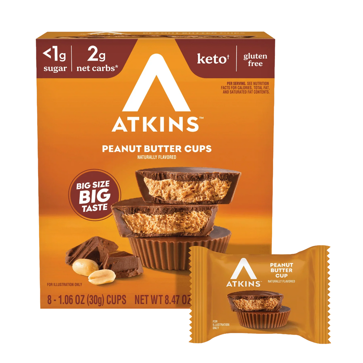 Front package of Atkins Nutritionals Keto Treat 8 pack, Peanut Butter Cups / One Box