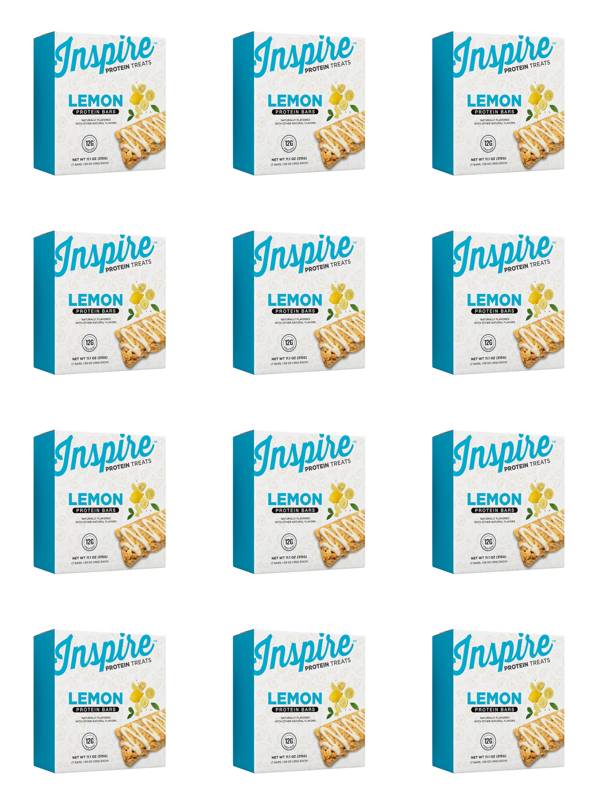 Twelve boxes of Inspire Lemon Protein Bars are arranged in a grid, each featuring a lemon design and text highlighting the product's name and nutritional information.