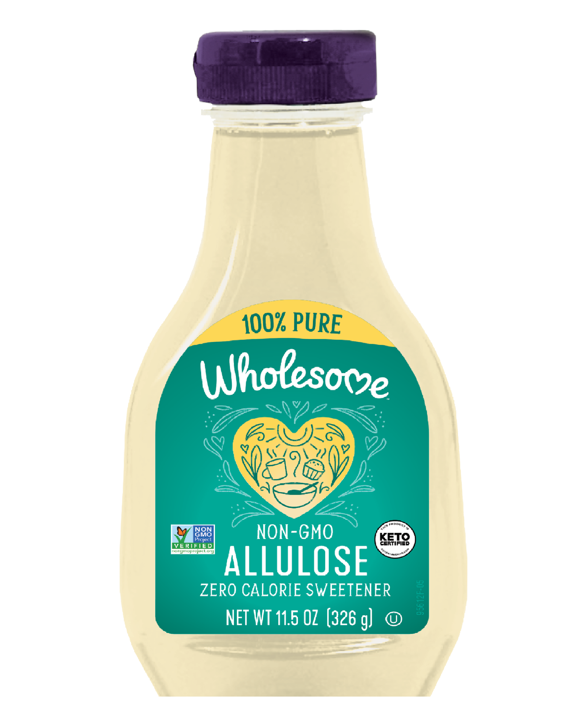 A clear bottle of Wholesome Allulose sweetener with a purple cap, labeled as non-GMO and zero calories, features a heart design and states it is keto certified, weighing 11.5 ounces.
