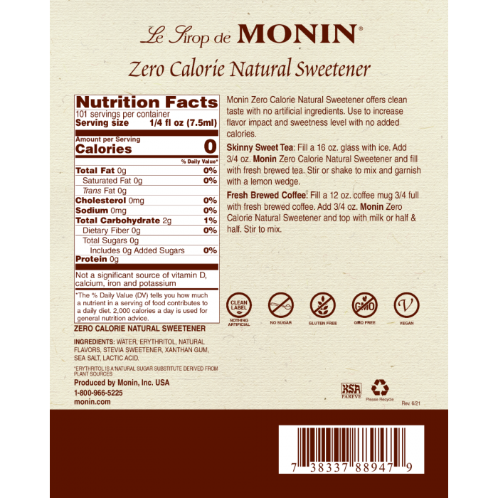 Monin Zero Calorie Natural Flavoring - Sweetener, 750 ml (25.4 oz)
