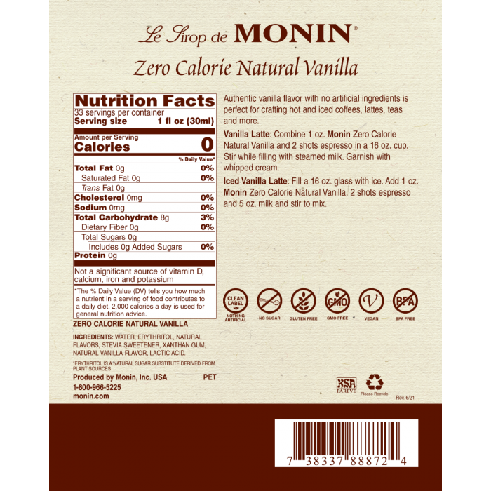 Monin Zero Calorie Natural Flavoring - Vanilla (plastic), 1 liter