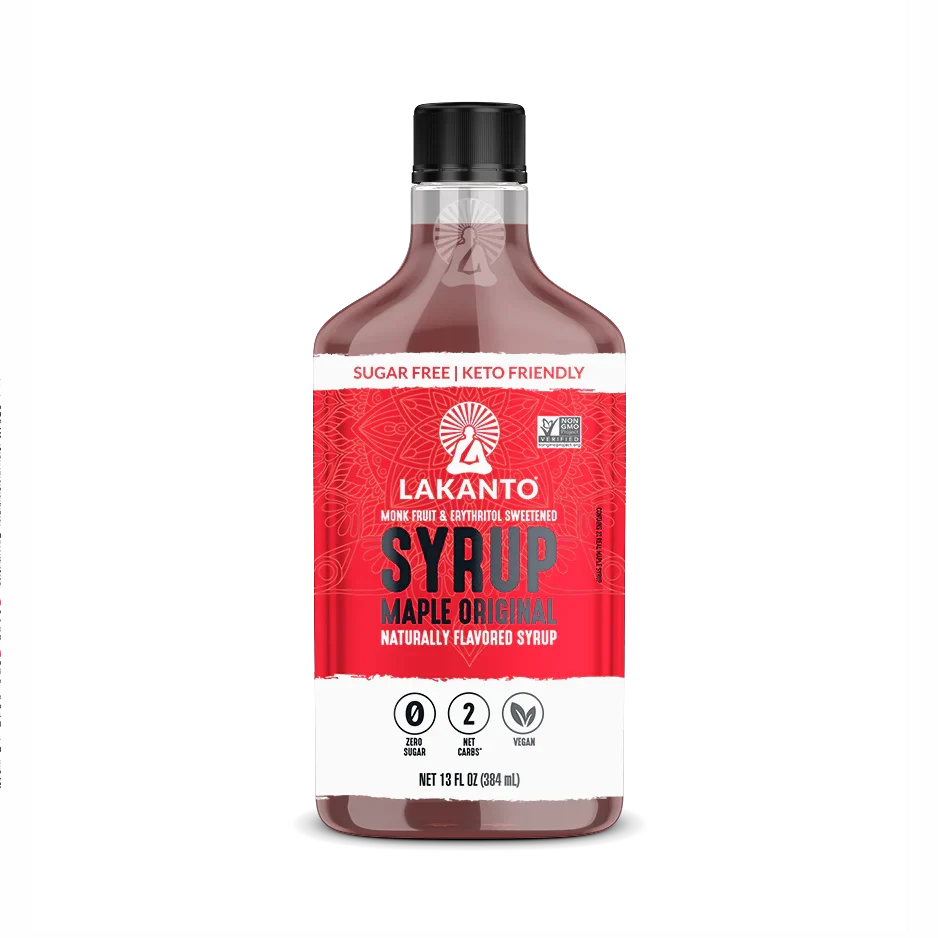 A bottle of Lakanto Maple Original Syrup, labeled as sugar-free, keto-friendly, and vegan, features a vibrant red design with nutritional information and a logo on a white background.