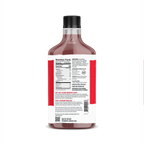 A clear bottle of maple-flavored syrup displays the nutrition facts and ingredients on the back, featuring a red label and a black cap, set against a simple background.