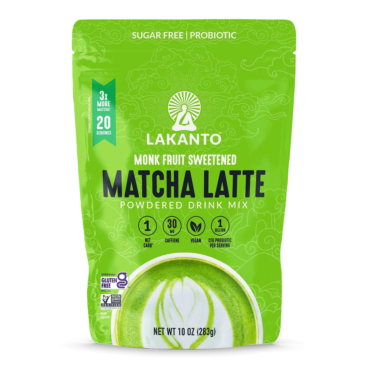 Bright green packaging of Lakanto Monk Fruit Sweetened Matcha Latte powdered drink mix features a decorative design, product name, and highlights like sugar-free, vegan, and probiotic benefits.
