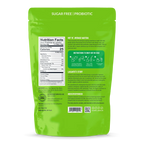 A green pouch of sugar-free probiotic matcha powder displays nutrition facts, preparation instructions, and a brief story about the brand's founder, emphasizing health benefits and enjoyment.