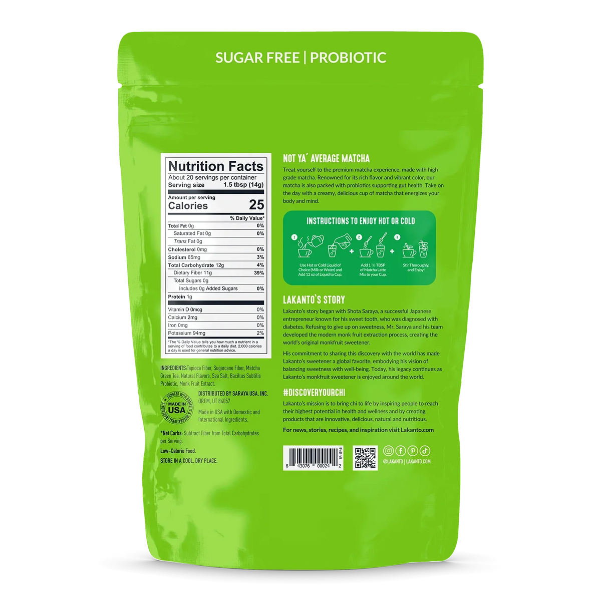 A green pouch of sugar-free probiotic matcha powder displays nutrition facts, preparation instructions, and a brief story about the brand's founder, emphasizing health benefits and enjoyment.