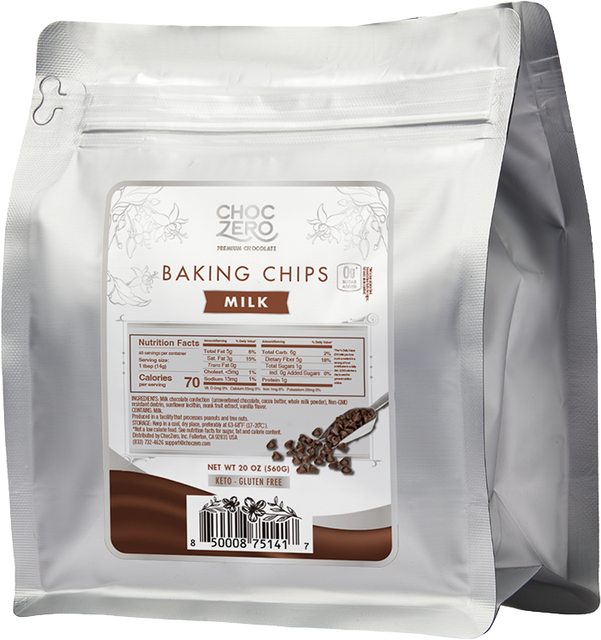 Front package of ChocZero No Sugar Added Milk Chocolate Baking Chips 20 oz