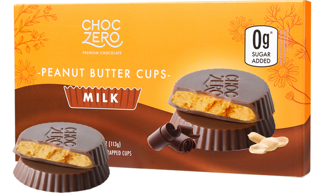 Front package of ChocZero Peanut Butter Cups, 4oz, Milk Chocolate