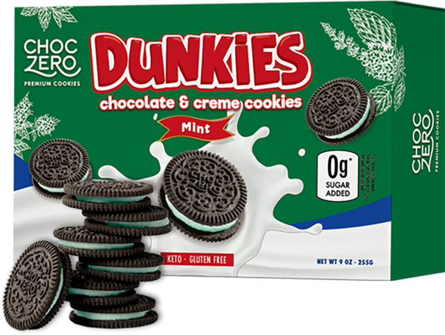 Front package of ChocZero Dunkies Sandwich Cookies, 9 oz, Mint