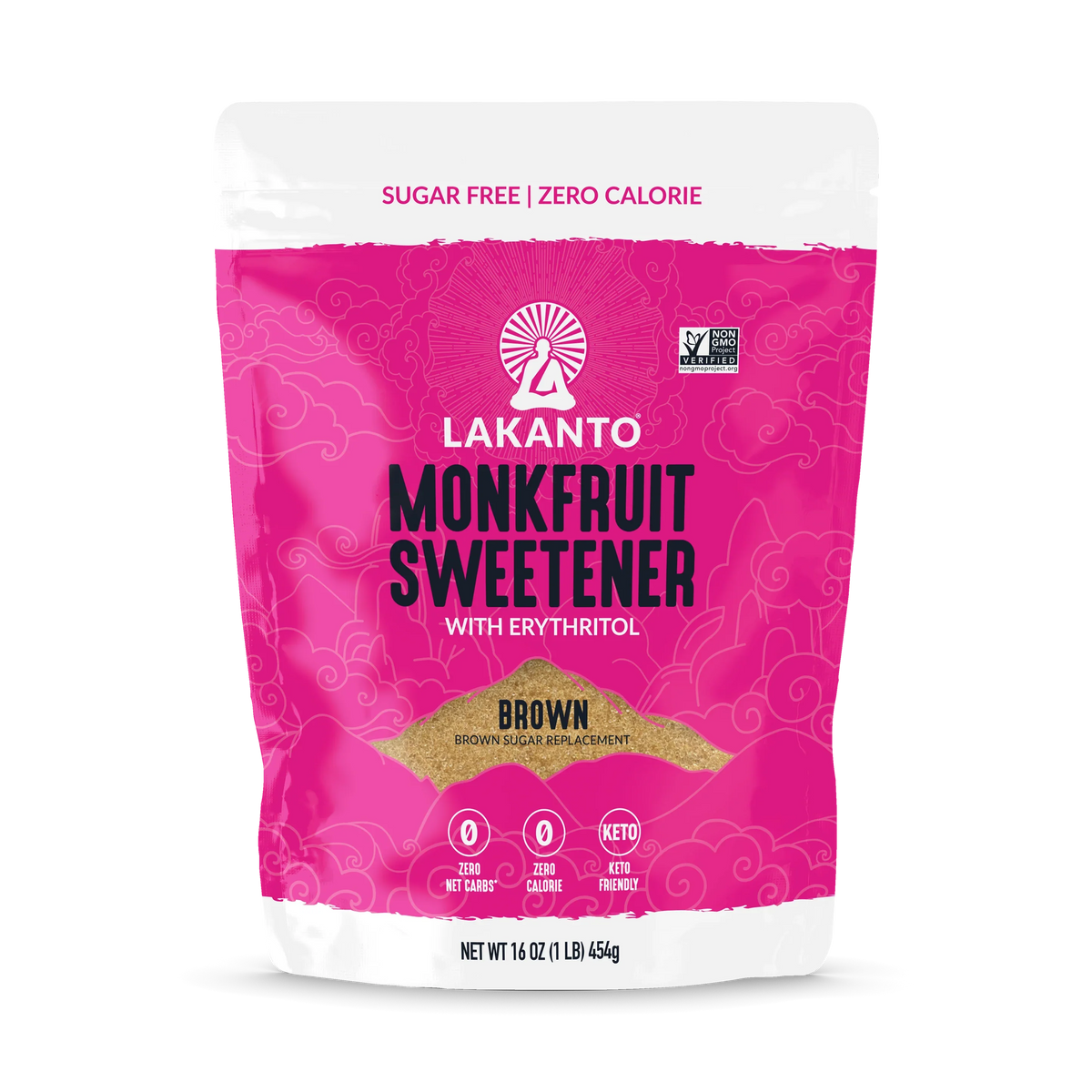 A bright pink package of Lakanto Monkfruit Sweetener with Erythritol, labeled as "Brown" and featuring icons for zero net carbs and keto-friendly, is displayed against a plain background.