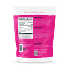 A pink packaging for a zero-calorie, sugar-free sweetener features nutrition facts, ingredients, and a brief story about Lakanto's founder, emphasizing health and wellness benefits.
