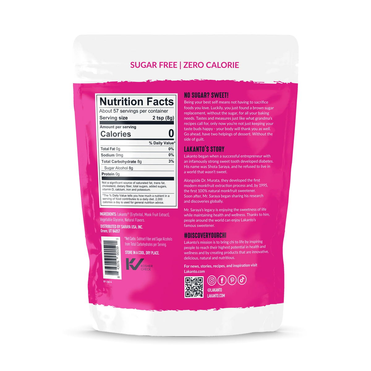 A pink packaging for a zero-calorie, sugar-free sweetener features nutrition facts, ingredients, and a brief story about Lakanto's founder, emphasizing health and wellness benefits.