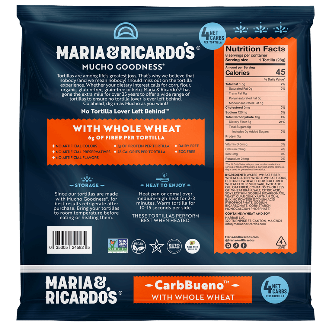 Back of Maria and Ricardo's CarbBueno™ with Whole Wheat Tortillas packaging