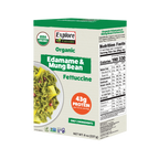 A green box of Explore Cuisine Organic Edamame & Mung Bean Fettuccine displays a bowl of the pasta, highlighting its high protein content and simple ingredients, with nutrition facts on the side.