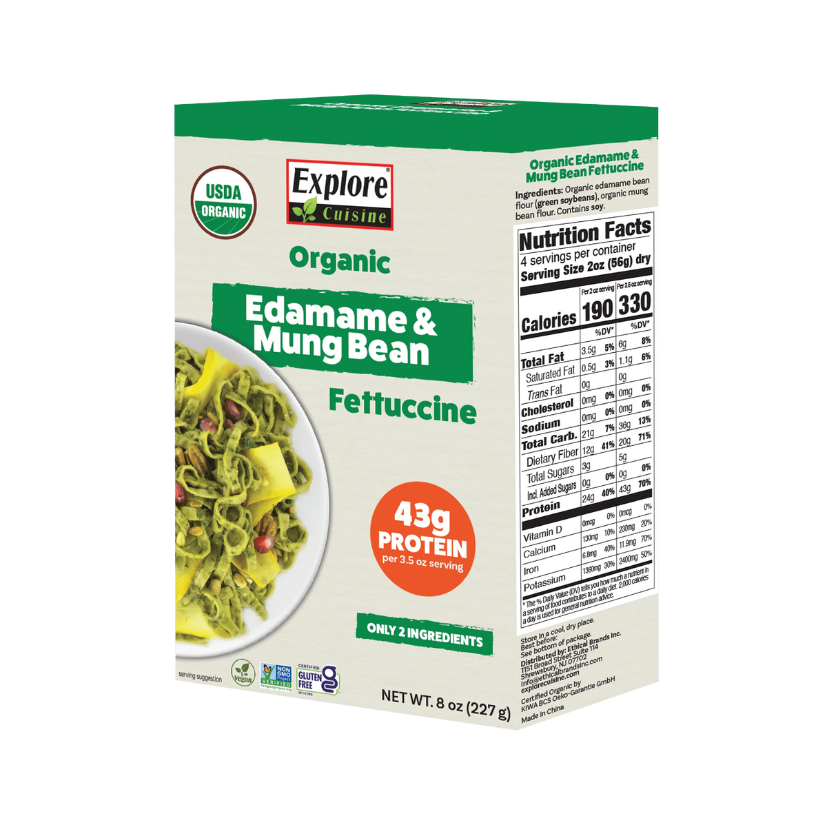A green box of Explore Cuisine Organic Edamame & Mung Bean Fettuccine displays a bowl of the pasta, highlighting its high protein content and simple ingredients, with nutrition facts on the side.