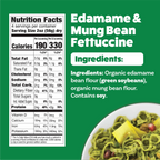 Green packaging displays "Edamame & Mung Bean Fettuccine" with a bowl of green pasta topped with vegetables, alongside a detailed nutrition facts label and ingredient list highlighting organic components.