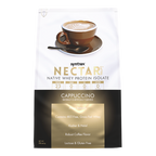 A brown cup of cappuccino sits on a saucer, with a packet of Syntrax Nectar Whey Protein Isolate in cappuccino flavor displayed, highlighting its protein content and instant mix features.
