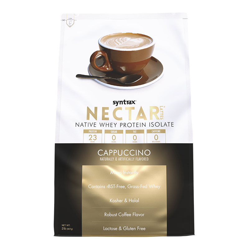 A brown cup of cappuccino sits on a saucer, with a packet of Syntrax Nectar Whey Protein Isolate in cappuccino flavor displayed, highlighting its protein content and instant mix features.