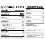 A nutrition facts label displays detailed information about a protein supplement, including serving size, calories, protein content, and essential amino acids, along with ingredient notes.