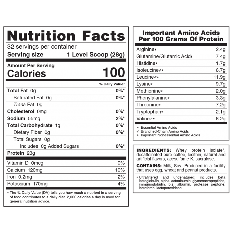 A nutrition facts label displays detailed information about a protein supplement, including serving size, calories, protein content, and essential amino acids, along with ingredient notes.