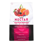 A colorful package of Syntrax Nectar Native Whey Protein Isolate features a "Super Fruit Punch" flavor, highlighting fruits like pomegranate and orange, with nutritional information prominently displayed.