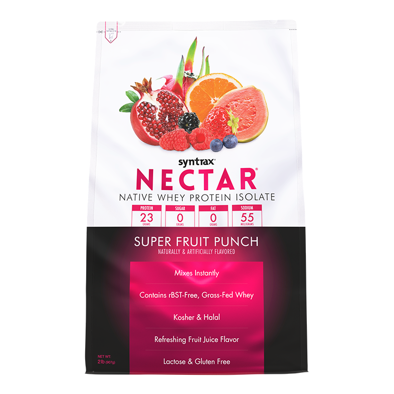 A colorful package of Syntrax Nectar Native Whey Protein Isolate features a "Super Fruit Punch" flavor, highlighting fruits like pomegranate and orange, with nutritional information prominently displayed.