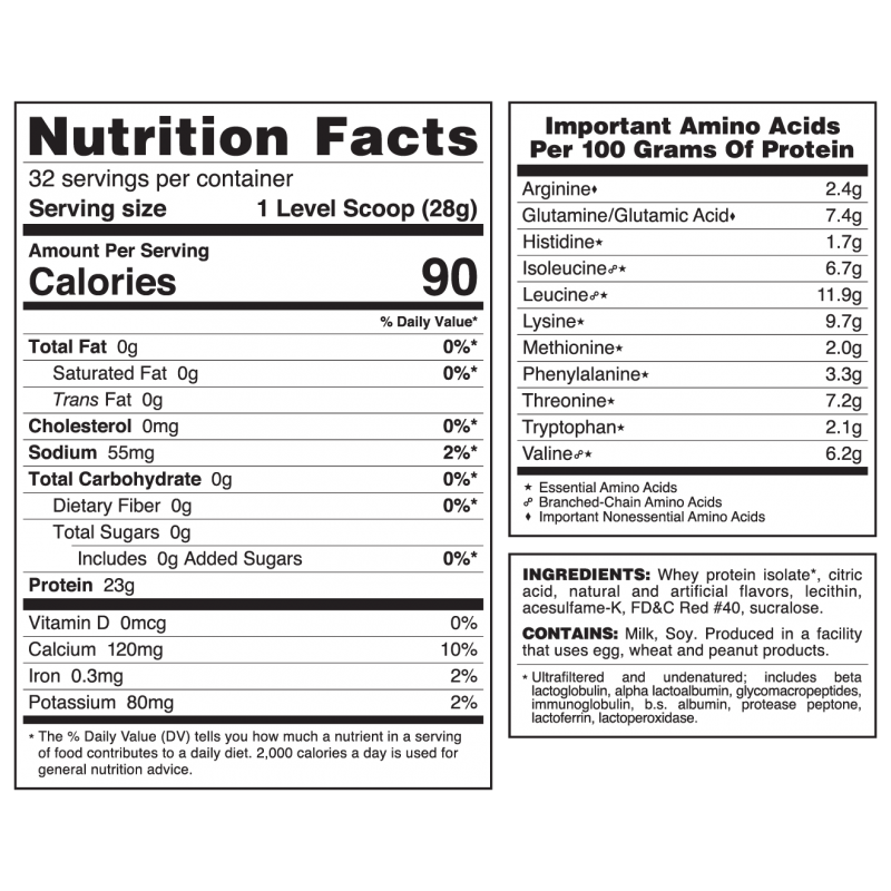 A nutrition facts label displays detailed information about a protein powder, including serving size, calories, protein content, and essential amino acids, along with ingredients and dietary values.