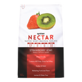 A package of Syntrax Nectar native whey protein isolate in Strawberry Kiwi flavor features images of a strawberry and a kiwi, highlighting its nutritional benefits and flavor profile.