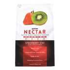 A package of Syntrax Nectar native whey protein isolate in Strawberry Kiwi flavor features images of a strawberry and a kiwi, highlighting its nutritional benefits and flavor profile.