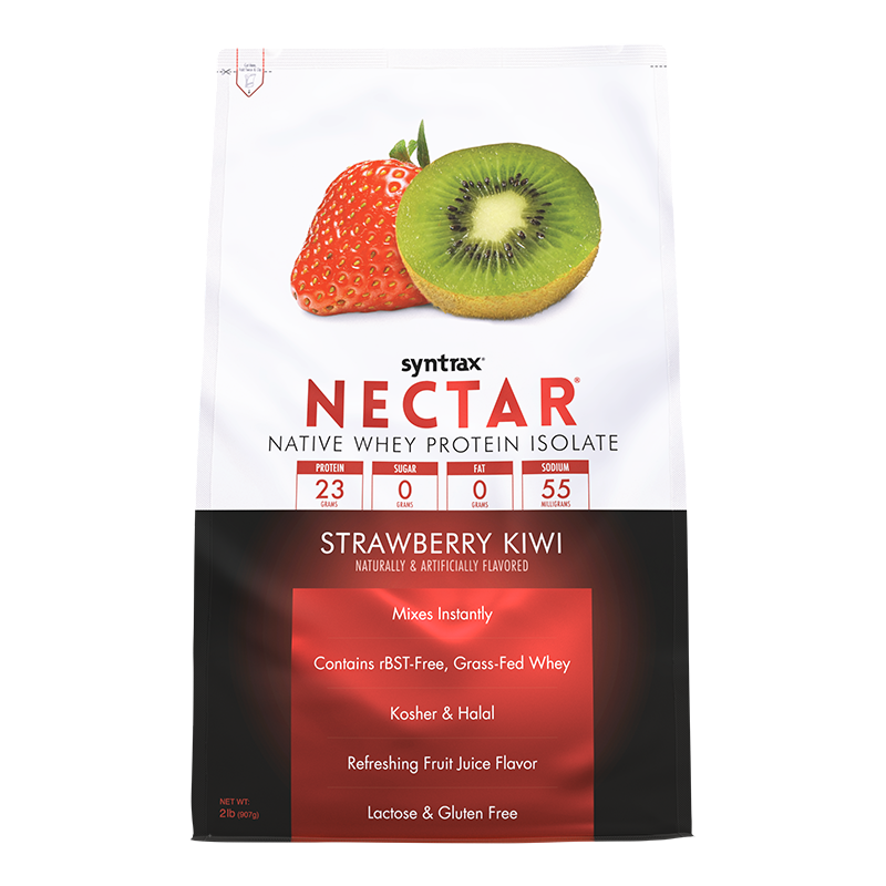 A package of Syntrax Nectar native whey protein isolate in Strawberry Kiwi flavor features images of a strawberry and a kiwi, highlighting its nutritional benefits and flavor profile.