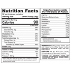 A nutrition facts label displays detailed information about a protein supplement, including serving size, calories, protein content, and essential amino acids per serving.