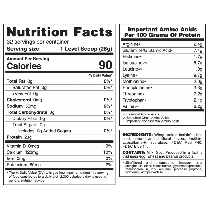 A nutrition facts label displays detailed information about a protein supplement, including serving size, calories, protein content, and essential amino acids per serving.