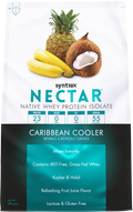 A protein powder bag titled "Caribbean Cooler" features a vibrant design with images of a pineapple, bananas, and a coconut, highlighting its refreshing fruit juice flavor and nutritional benefits.