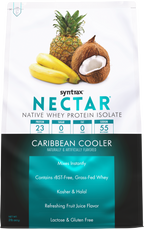 A protein powder bag titled "Caribbean Cooler" features a vibrant design with images of a pineapple, bananas, and a coconut, highlighting its refreshing fruit juice flavor and nutritional benefits.