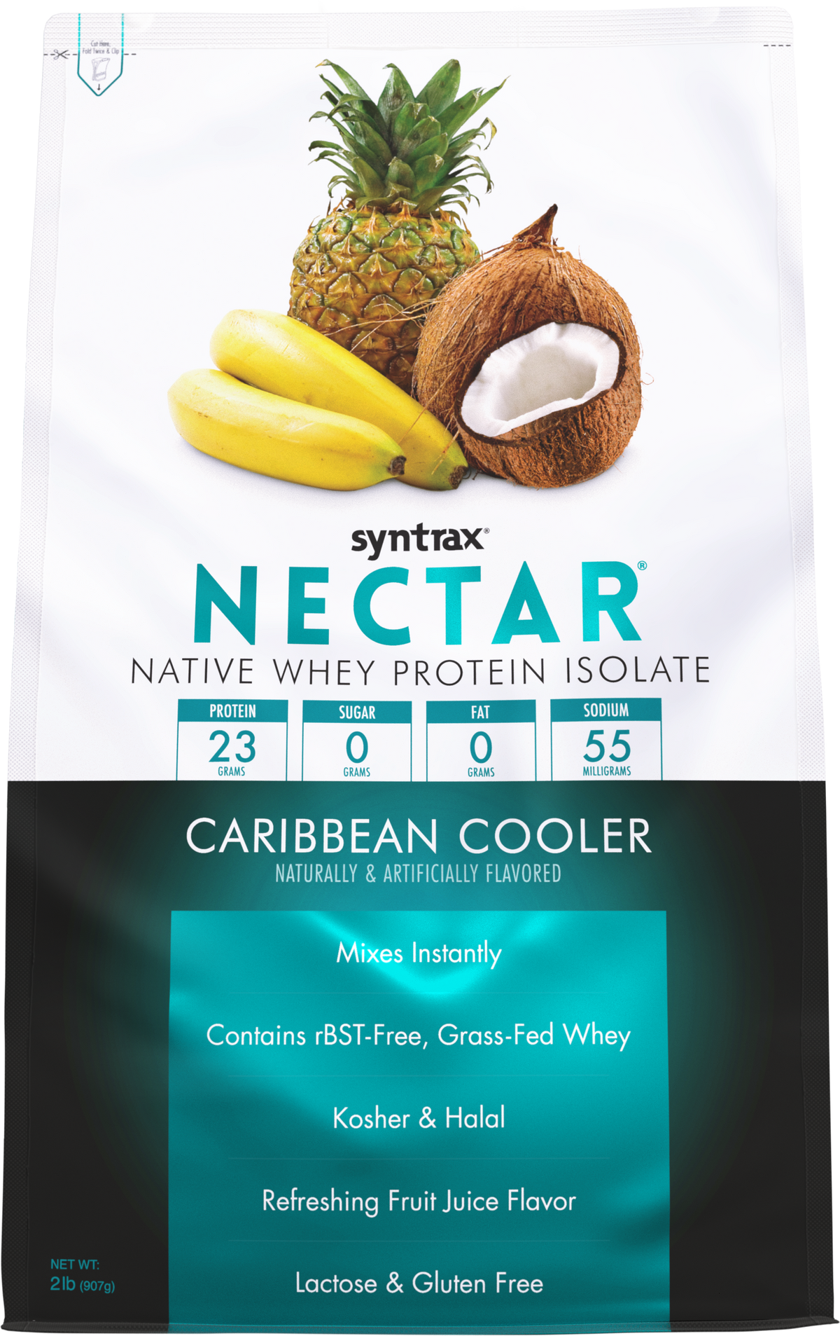 A protein powder bag titled "Caribbean Cooler" features a vibrant design with images of a pineapple, bananas, and a coconut, highlighting its refreshing fruit juice flavor and nutritional benefits.