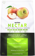 A colorful packaging for Syntrax Nectar Honeycrisp Apple protein powder features fresh apples, highlighting its protein content, zero sugar, and gluten-free attributes.