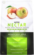 A colorful packaging for Syntrax Nectar Honeycrisp Apple protein powder features fresh apples, highlighting its protein content, zero sugar, and gluten-free attributes.