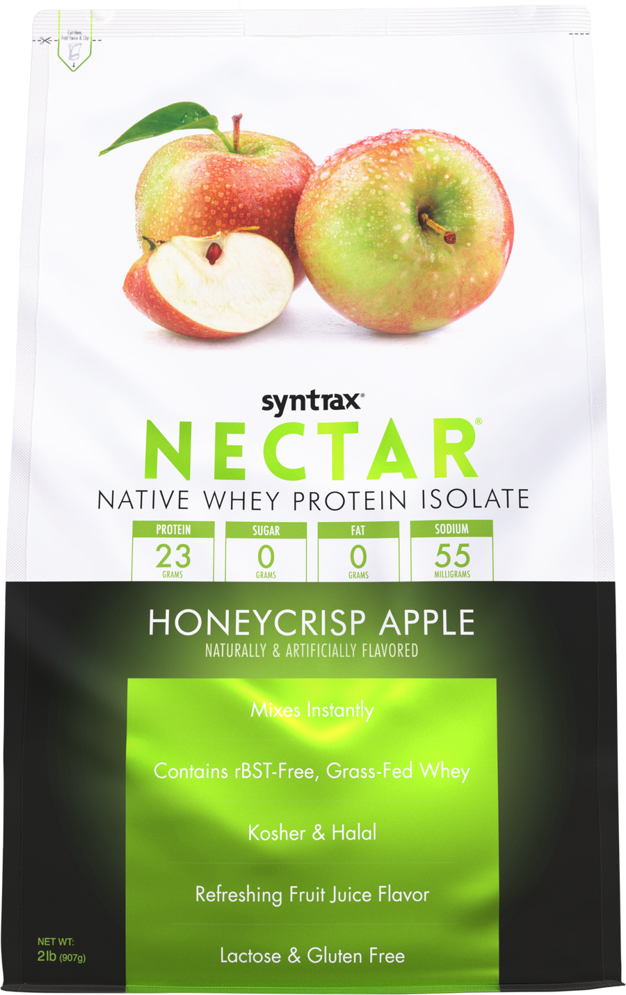 A colorful packaging for Syntrax Nectar Honeycrisp Apple protein powder features fresh apples, highlighting its protein content, zero sugar, and gluten-free attributes.