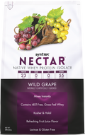 A bag of Syntrax Nectar Wild Grape protein powder features a basket of red and green grapes, highlighting its protein content, flavor, and dietary information.