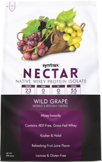 A bag of Syntrax Nectar Wild Grape protein powder features a basket of red and green grapes, highlighting its protein content, flavor, and dietary information.