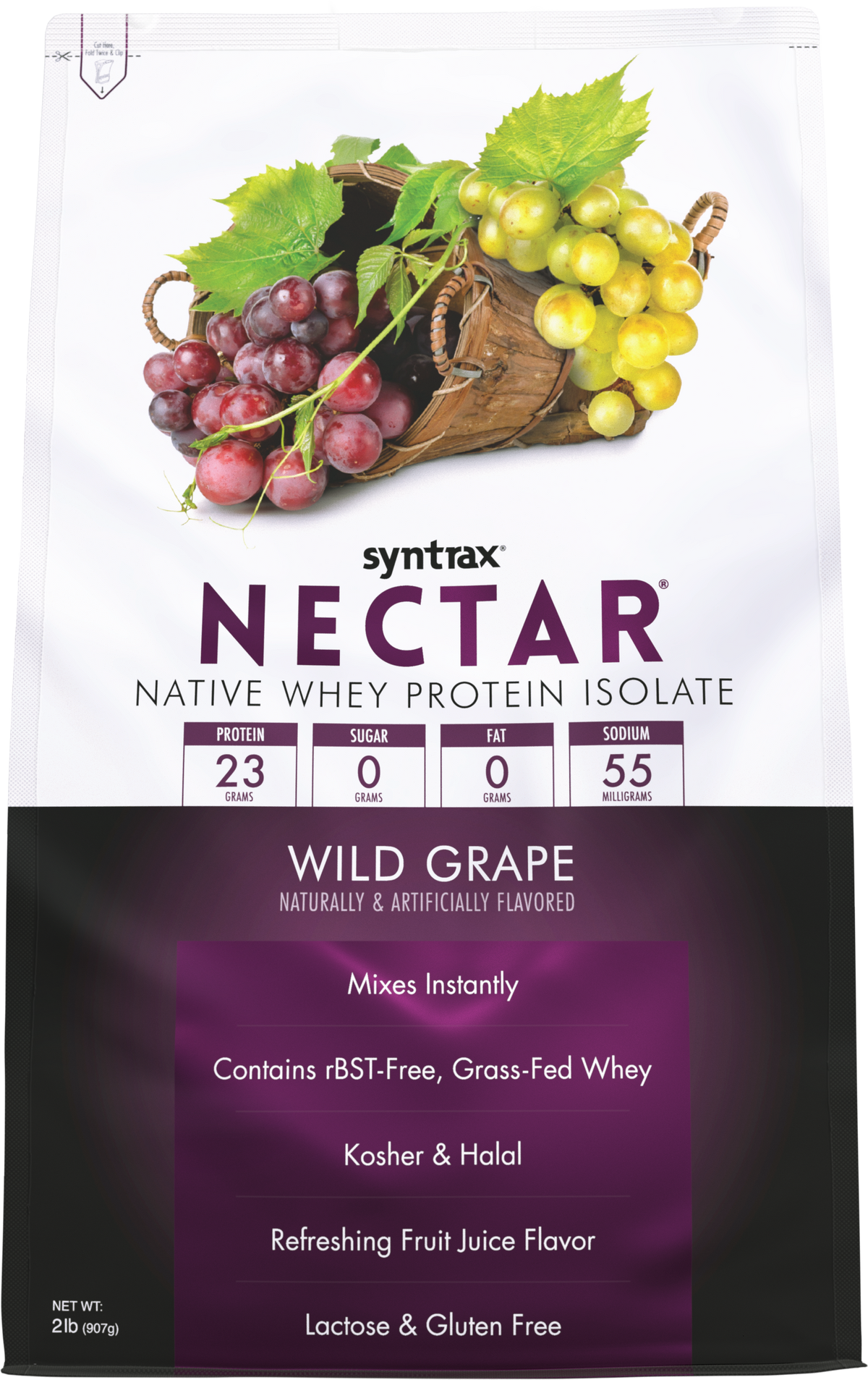 A bag of Syntrax Nectar Wild Grape protein powder features a basket of red and green grapes, highlighting its protein content, flavor, and dietary information.