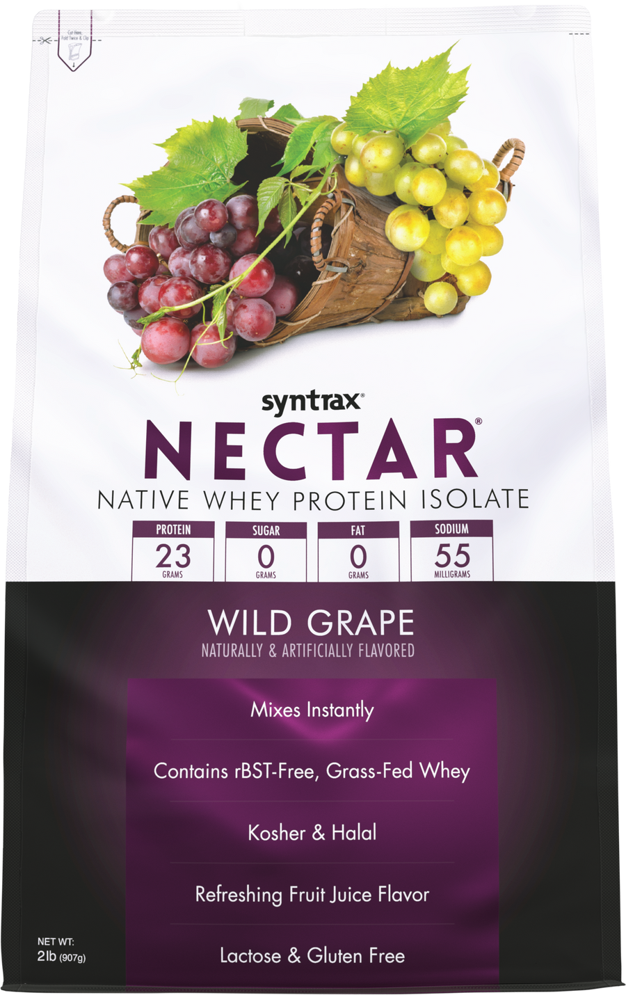 A bag of Syntrax Nectar Wild Grape protein powder features a basket of red and green grapes, highlighting its protein content, flavor, and dietary information.