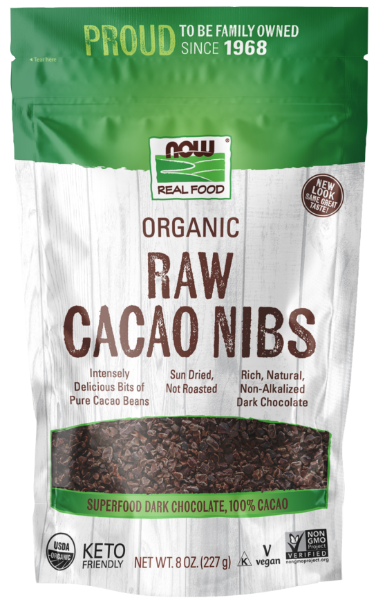 NOW Cacao Nibs, Organic & Raw 8 oz. product package