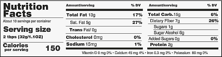 A nutrition facts label displays serving size, calories, and detailed information on fats, carbohydrates, sugars, and protein, indicating nutritional values per serving.