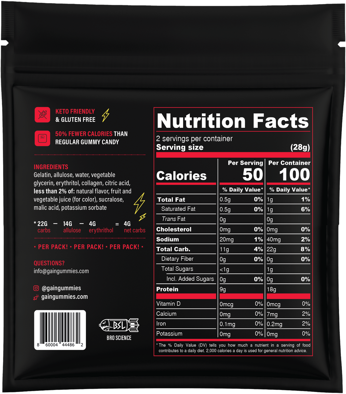 Nutrition facts label for Gain Gummies Gym Candy - Protein Gummy Bears, 2oz