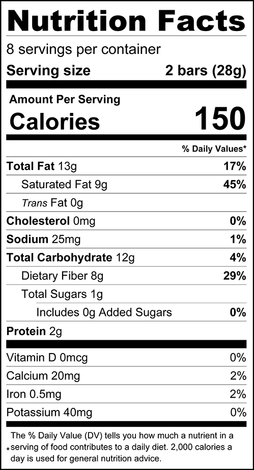 Nutrition facts for ChocZero Oasis Milk Chocolate Candy Bar, 8 oz