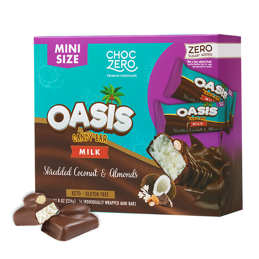 Front package of ChocZero Oasis Milk Chocolate Candy Bar, 8 oz